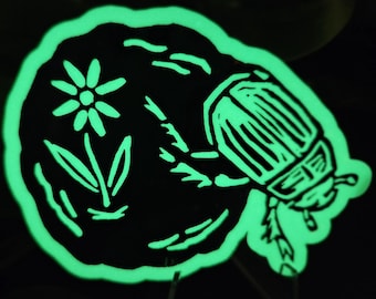 Glow in the Dark Dung Beetle XL Glowing Scarab Laptop Waterbottle Sticker Witchy Gifts Glittery Stars Holographic Science Sticker