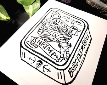 Strange Shrimp Anomalocaris Original Linocut Print 8x10 Tinned Shrimp Sardine Can Paleoart Cambrian Wall Art Handprinted