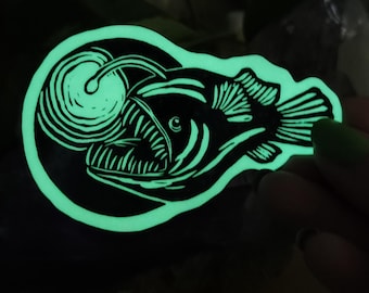 Anglerfish Sticker Glow in the Dark Anglerfish Sea Creature Holographic Stars Marine Biology Linocut Waterbottle Laptop Sticker Bioluminesce