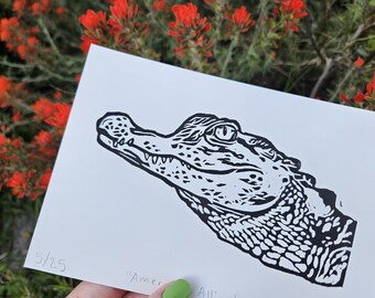 American Alligator Original Linocut Print 5x7