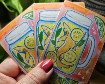 Lemon Shark Sticker Original Watercolor Sticker Heavy Duty Vinyl Cute Shark Sticker for Laptop Waterbottle Lemonade Shark Gift