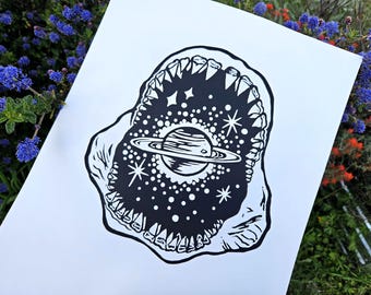 Ancient Jaws Shark Linocut Poster Print 11x14 Large Black and White Nautical and Space Themed Block Print Stars and Saturn Shark Art
