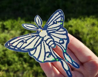 Glow in the Dark Luna Moth Sticker XL Glowing Moth Laptop Waterbottle Sticker Witchy Gifts Glittery Stars Holographic
