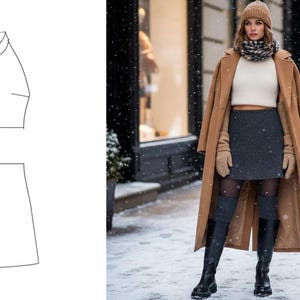 May include: A woman in a tan overcoat, white crop top, and gray skirt stands in the snow. She wears a brown beanie, scarf, and gloves, with black boots. A line drawing shows a matching crop top and skirt.