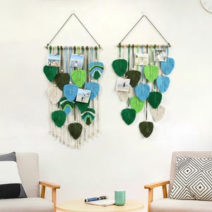 Macrame Leaf Wall Hanging With Photo Clips Boho Picture Display Botanical Nursery Art Modern Farmhouse Decor Nature Lover Gift Wall Gallery