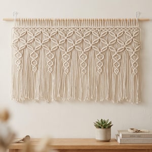 May include: Cream-colored macrame wall hanging. The handcrafted piece features a geometric pattern with diamond shapes and knotted details, suspended from a wooden dowel. The bottom edge has long fringe. A decorative accent for home decor.