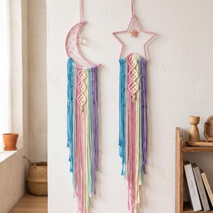 Handmade Macrame Moon and Star Dreamcatcher, Pastel Rainbow Wall Hanging, Boho Nursery Decor, Celestial Kids Room Art, Dream Catcher Set