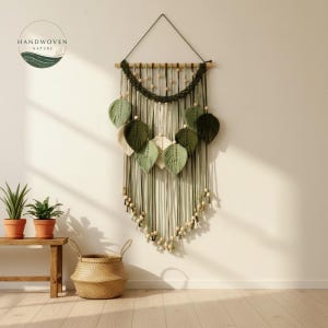 Green Leaves Macrame Wall Hanging - Macrame Feather Farmhouse Decor Minimalist Art Boho Nursery Gift For The Home L02 Textile Art