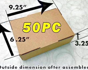 May include: A brown cardboard box labeled 50PC with outside dimensions of 9.25 inches by 6.25 inches by 3.25 inches after assembled. The box is rectangular with a flat top and visible side panels, showing the measurements clearly indicated by arrows.