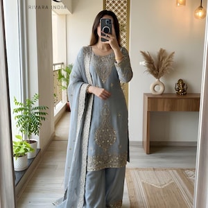 grey and blue pakistani dress in stock color filter:Blue Why Tea Length Bridal Color:NOVA-PURPLE Our Custom Made Pakistani