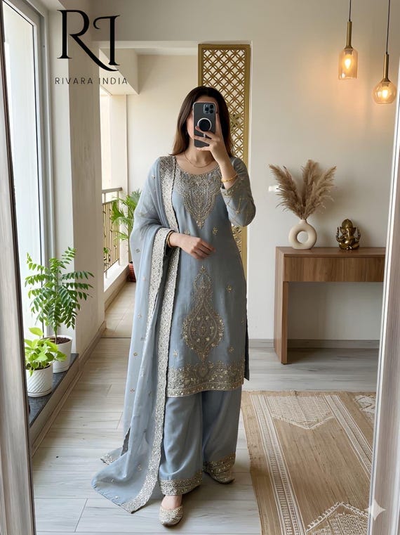 Indian Designer Grey Women Palazzo Set for Wedding, Pakistani Suit for Women, Ethnic Dress,salwar Kameez for Women,grey Outfit