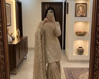 premium Golden Eid Special Sharara Suit, Sequence Embroidered Silk Palazzo, Dupatta, 3pc Wedding Outfit,Golden Sharara