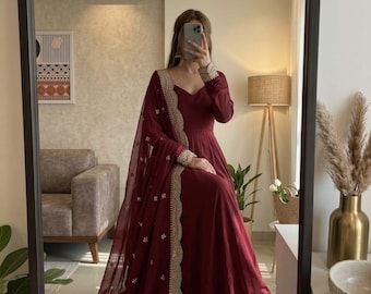 Designer Maroon Anarkali Gown for Women with Embroidery Work, Indian Gown, Designer Partywear Long Anarkali Gown Set,Red Anarkali Gown