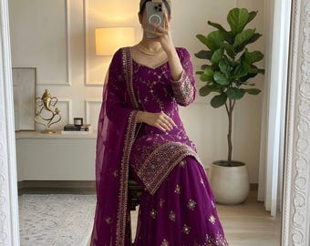 Premium Purple Designer Women Sharara Set for wedding, Salwar Kameez for women, Pakistani suit for women, Ethnic Dress,Purple Sharara