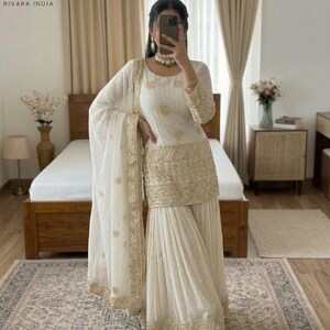 Traje Sharara blanco de diseñador premium Salwar Kameez con dupatta, conjunto de 3 piezas, confeccionado, vestido de novia punjabi, Sharara para mujer, traje pakistaní imagen 4