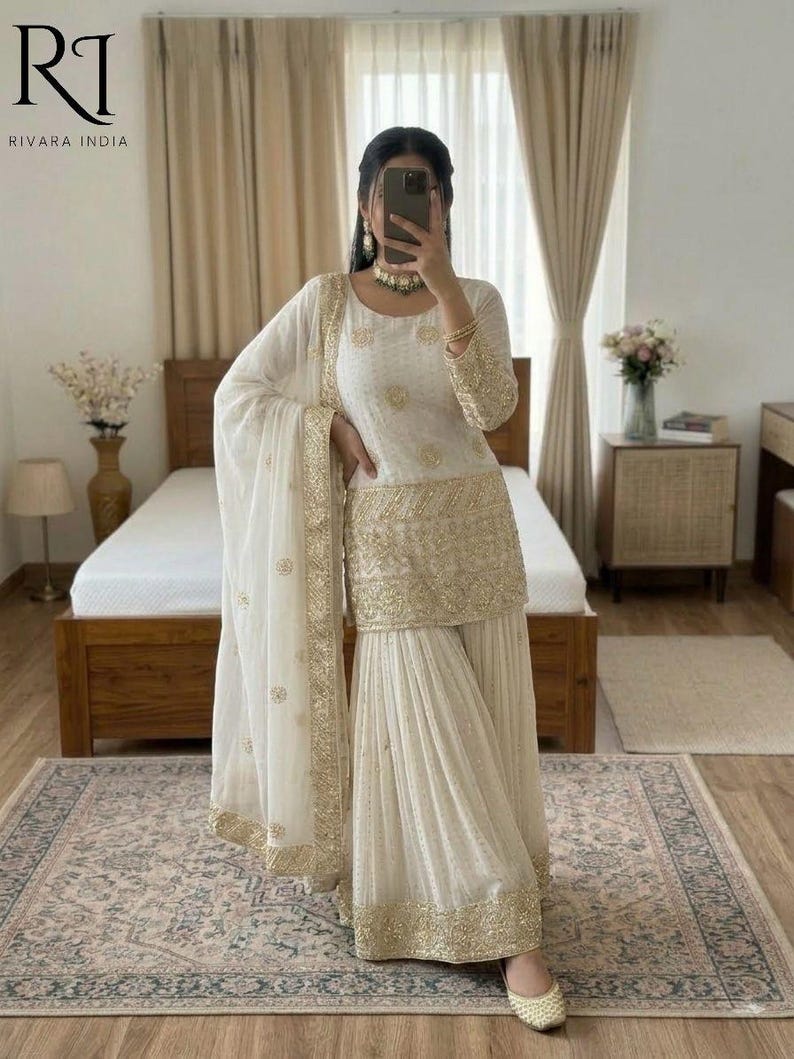 Traje Sharara blanco de diseñador premium Salwar Kameez con dupatta, conjunto de 3 piezas, confeccionado, vestido de novia punjabi, Sharara para mujer, traje pakistaní imagen 4