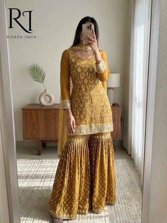 Beautiful Heavy Embroidered Sequence Work Yellow Sharara Suit Salwar Kameez with Dupatta, Party wear Dress, Function wear, Eid Suit,Wedding