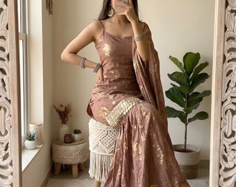 Pakistani Designer Kurta Sharara Suit For Women With Sequence Embroidery Work,Party Wear Suit ,Indian Outfit,Top Sharara Suit 3Pc, Party Wea