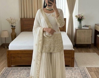 Premium Designer White Sharara Suit Salwar Kameez with Dupatta 3pc Set Readymade, Punjabi Wedding Dress ,Sharara for Women, Pakistani Suit