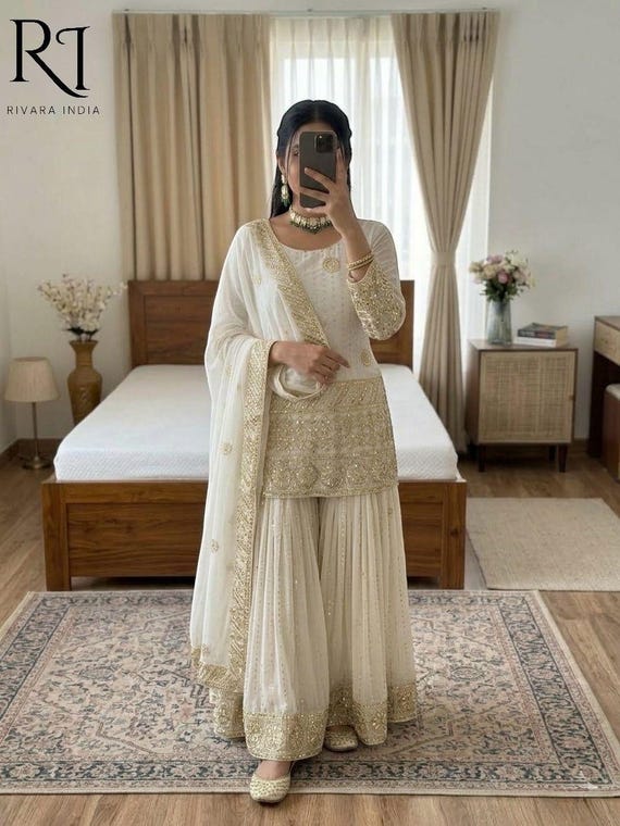 Premium Designer White Sharara Suit Salwar Kameez with Dupatta 3pc Set Readymade, Punjabi Wedding Dress ,Sharara for Women, Pakistani Suit