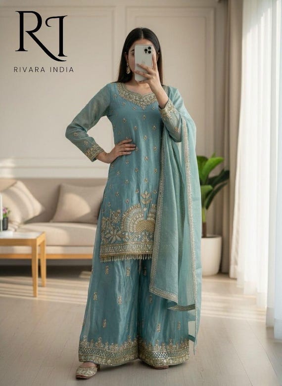 Pakistani Designer Blue Sharara Suit Salwar Kameez with Dupatta 3pc Set Readymade Sharara for Women,Stylish Suit Punjabi Wedding Dress