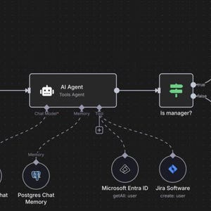 以下が含まれることがあります： 暗い背景にAIエージェントのワークフローを示す図。プロセスは「ユーザー作成」フォームの送信から始まり、AIエージェントにつながります。エージェントは、Anthropic Chat ModelやPostgres Chat Memoryなど、さまざまなツールやデータベースと連携します。