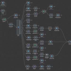 以下が含まれることがあります： 濃い灰色の背景に、相互接続された青と白のボックスと線が表示された図。 図はワークフローまたはプロセスを表しているようで、ボックス内にはさまざまな手順とアクションを示すテキストラベルがあります。