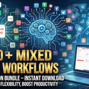 May include: Digital graphic with the text "250+ MIXED n8N WORKFLOWS" and "AUTOMATION BUNDLE - INSTANT DOWNLOAD". A laptop displays a workflow diagram. The background features a brain graphic and interconnected icons.