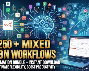 250種類以上のn8nワークフローバンドル | ビジネス、SaaS、AI、CRM、メール、Webhook、Notion、Airtable、統合のための自動化テンプレート