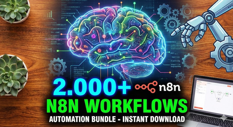 以下が含まれることがあります： 光る脳のイラスト、ネオンアクセント、歯車、ロボットアームが描かれたデジタルグラフィック。テキストは「2.000+ n8n N8N WORKFLOWS AUTOMATION BUNDLE - INSTANT DOWNLOAD」と表示され、木製の表面に配置されています。
