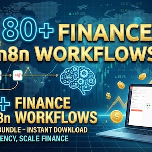 May include: A digital graphic promoting finance workflows. The image features the text "80+ FINANCE n8n WORKFLOWS" in gold and blue, with a laptop displaying a workflow diagram. Gold coins and arrows are scattered around the laptop, with the Etsy logo in the corner.