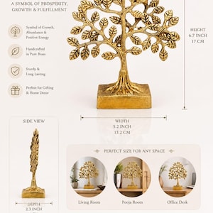 May include: A brass tree sculpture titled Kalpavriksha Brass Tree of Wishes, featuring a textured trunk and detailed leaves on a square base. It measures 6.7 inches in height, 5.2 inches in width, and 2.3 inches in depth, with a weight of 780 grams.