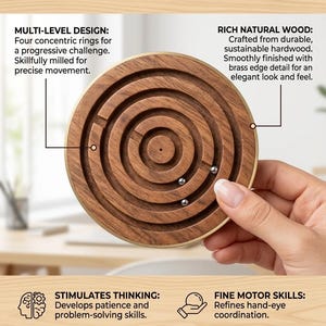 Op de afbeelding: Een cirkelvormige houten ballendoolhofpuzzel met vier concentrische ringen en drie kleine metalen balletjes. De puzzel heeft een gladde donkerhouten afwerking met een messing rand. De tekst op de afbeelding luidt: HANDCRAFTED WOODEN BALL MAZE PUZZLE, MULTI-LEVEL DESIGN, RICH NATURAL WOOD, STIMULATES THINKING, FINE MOTOR SKILLS, ECO-FRIENDLY, Ages 6+, en ARTI WOODWORKS.
