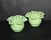Pair Vintage Fenton Lime Sherbet Basket Weave bowls