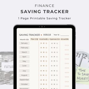 May include: A digital saving tracker on a tablet. The screen displays a printable saving tracker with sections for months, plans, income, expenses, and actual savings. The text "FINANCE" and "SAVING TRACKER" are at the top.