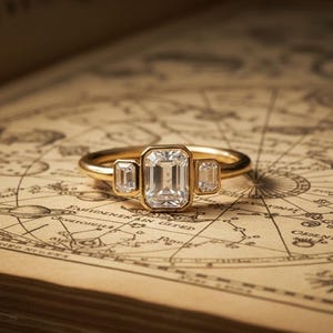 Three Stone Emerald Cut Diamond Ring Yellow Gold Bezel Set Engagement Anniversary Stackable Band