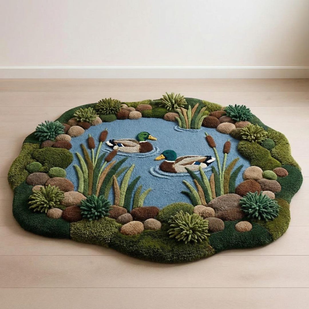 Hand Tufted Pond Duck Rug Round, Tufted 3D Nature Lake Rug, Mallard ...