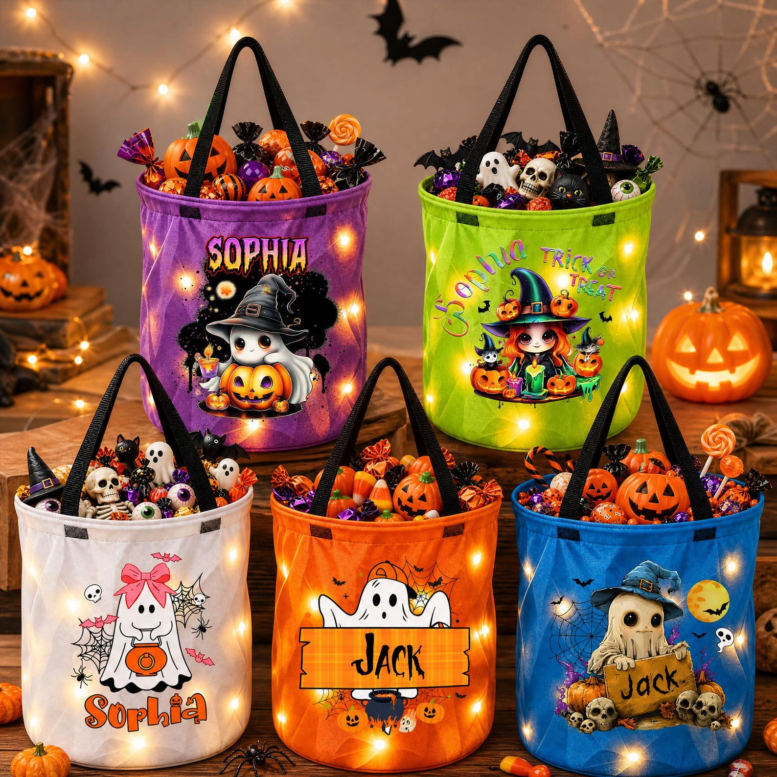 Custom LED Light‑Up Halloween Candy Bucket, Personalized Trick Or Treat Bag, Gift for Kids