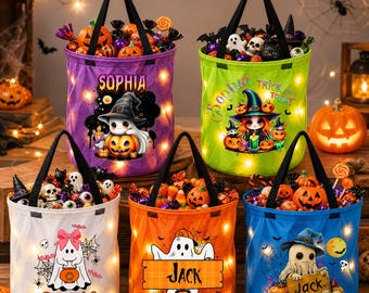 Individuell gestalteter, beleuchteter Halloween-Süßigkeiteneimer, personalisierte Süßigkeitentüte, Geschenk für Kinder