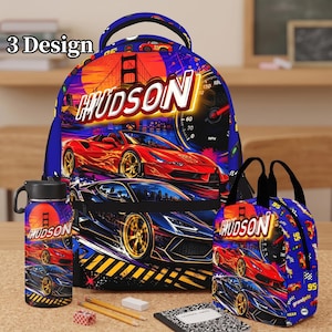 Personalized Cars Backpack, Custom Name Schoolbag,Lunch Bag,Water Bottle