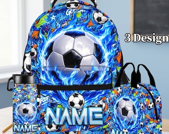 Personalized Kids Backpack Set, Custom Name Soccer Bookbag, Sports Schoolbag&Lunch Bag,Water Bottle