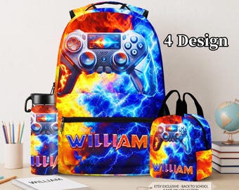 Conjunto de mochila para gamers personalizada, mochila escolar con nombre personalizado, lonchera, botella de agua. Regalo ideal para gamers.