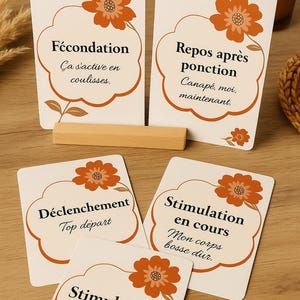 May include: A set of cards with floral illustrations and French text. The cards, with phrases like "Déclenchement" and "Repos après ponction", are displayed on a wooden surface. The cards are in a cloud-like shape.