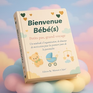 Peut inclure: Un carnet de notes avec le titre "Bienvenue Bébé(s)" en vert. La couverture présente des illustrations d'un ours en peluche, d'une poussette et d'un mobile. Il est conçu pour organiser et motiver les parents pendant les premiers jours de leur bébé.