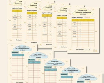 May include: A collection of printable baby shopping lists and budget sheets. The sheets are light beige with a grid layout and headings in French. The title "Listes d'achats indispensable" is at the top. The sheets are for hygiene, changing, and clothing.