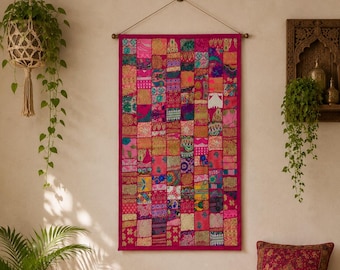 Indian Patchwork Wall Tapestry 60x90cm | Boho Kantha Textile Art | Handmade Pink Dorm Decor