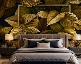 Luxury Gold Leaf Botanical Wallpaper, Olive Green Statement Wall Mural