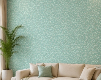 Sage Green Botanical Leaf Wallpaper | Peel and Stick Wall Mural