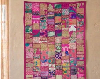 Handmade Patchwork Wall Hanging – Rajasthani Sari Silk Boho Tapestry (90x60 cm)