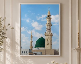 Islamic Wall Art Canvas Print, Green Dome Mosque Poster, Islamic Home Decor, Muslim Living Room Wall Art, Madina Inspired Canvas Gift
